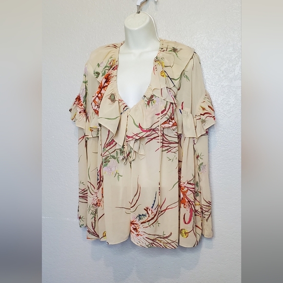 H&M Floral Flounce Ruffle Tiered Blouse Cream Red Green Flowy Boho Top Size XS - Picture 7 of 10